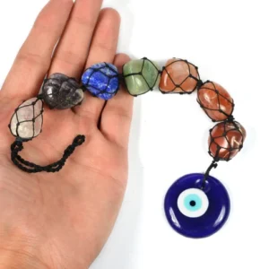 7 Chakra Tumble Stone Hanging with Evil Eye Round Shape Size 27.9 cm
