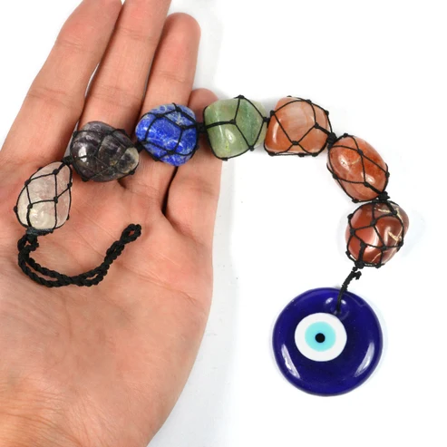 7 Chakra Tumble Stone Hanging with Evil Eye Round Shape Size 27.9 cm